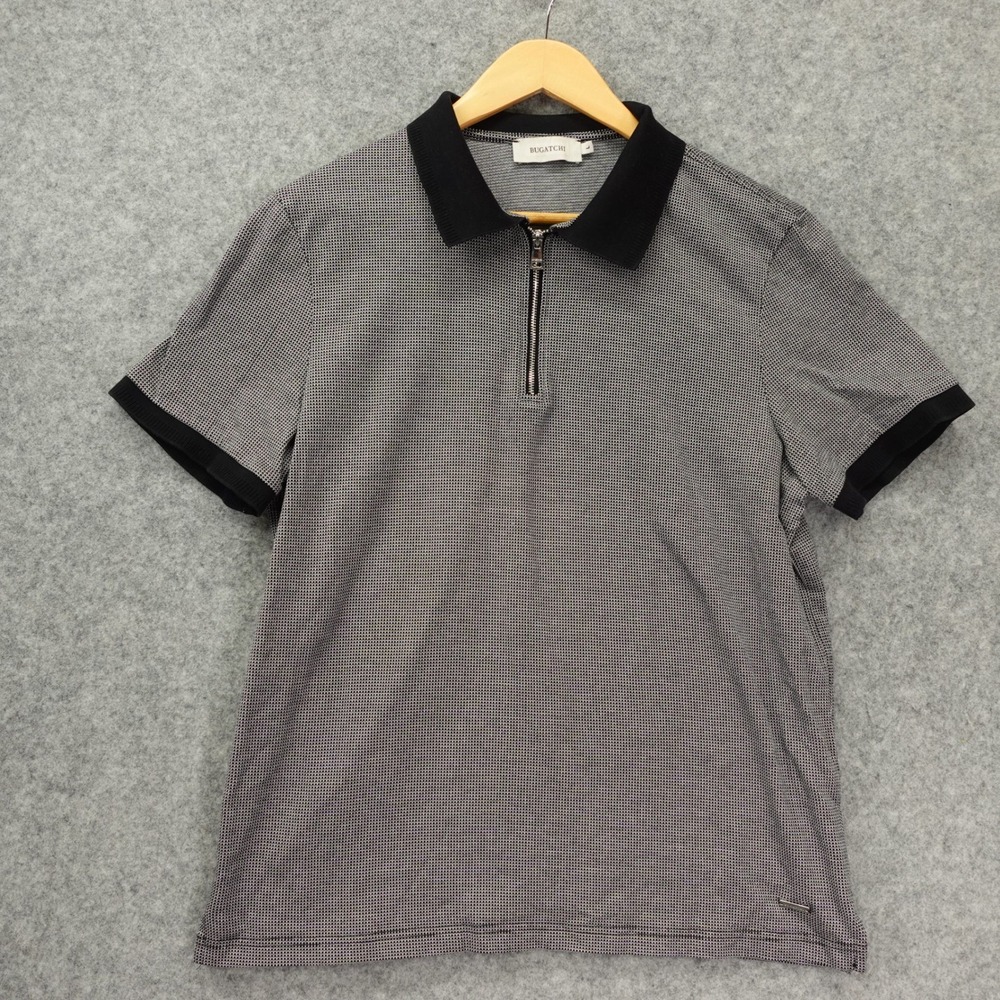 Birdseye Knit Polo Shirt BUGATCHI Mens L Black White Quarter Zip Cotton Preppy
